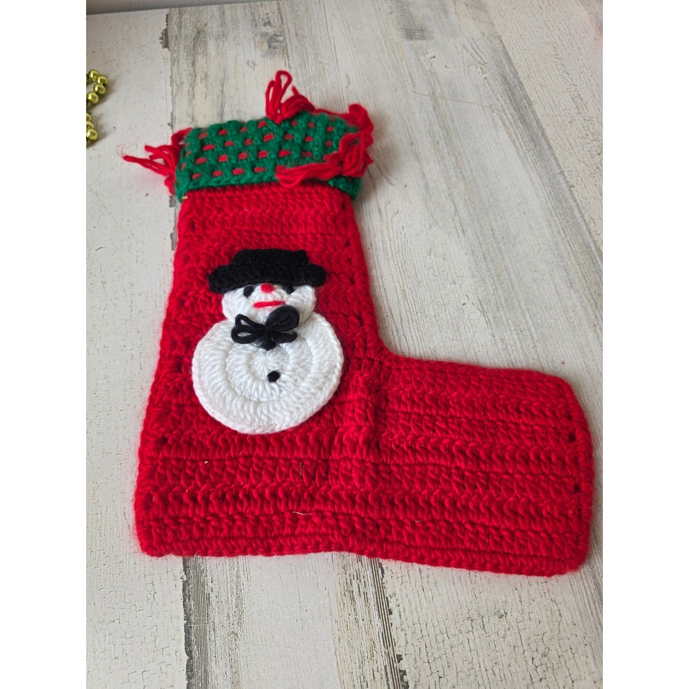 Vintage crocheted Xmas stocking snowman decor hanging unique